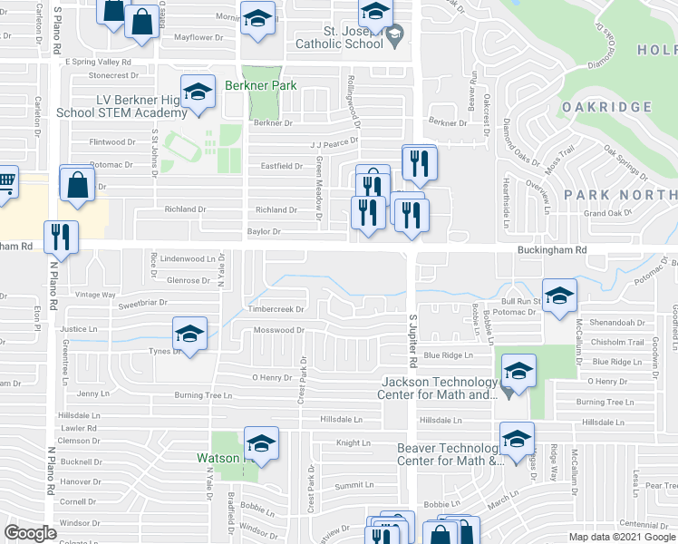 map of restaurants, bars, coffee shops, grocery stores, and more near 3733 Edgemont Drive in Garland