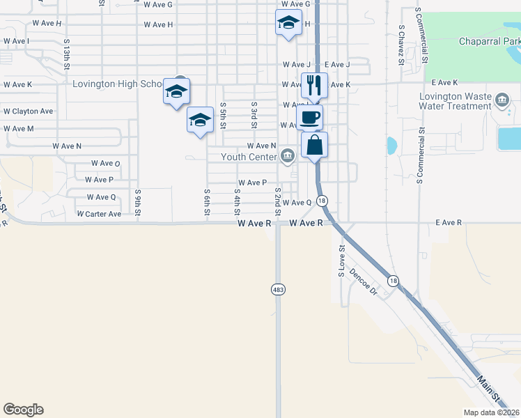 map of restaurants, bars, coffee shops, grocery stores, and more near 200-398 West Avenue R in Lovington