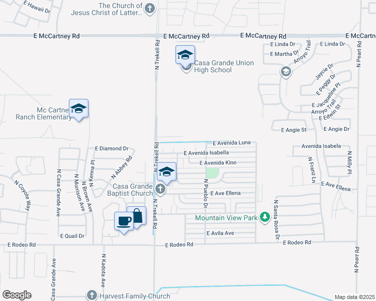 map of restaurants, bars, coffee shops, grocery stores, and more near 1174 East Avenida Kino in Casa Grande