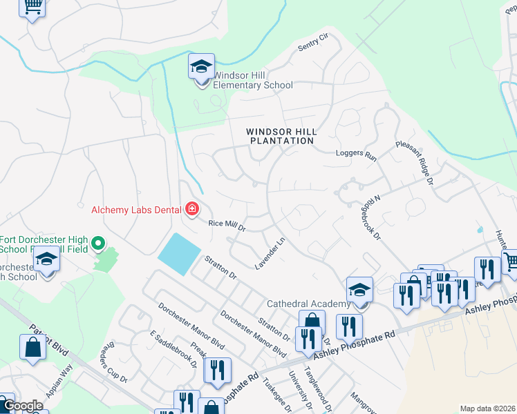 map of restaurants, bars, coffee shops, grocery stores, and more near 3102 Aspen Woods Lane in North Charleston