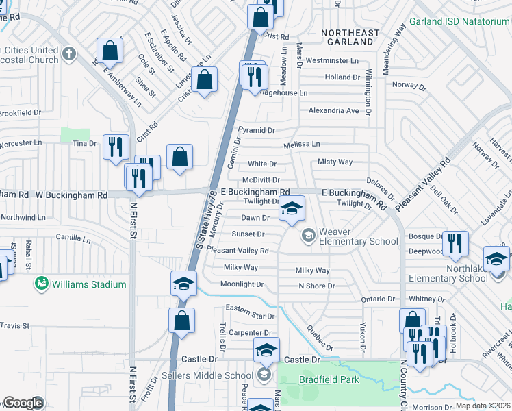 map of restaurants, bars, coffee shops, grocery stores, and more near 630 Dawn Drive in Garland