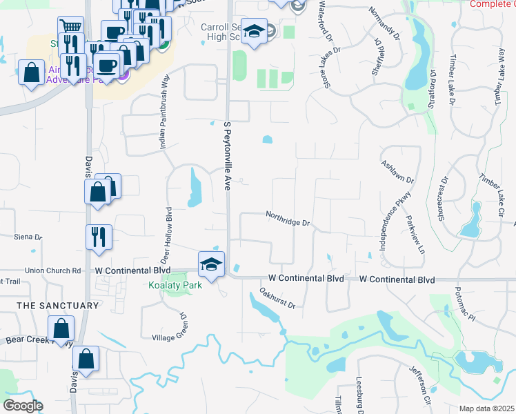 map of restaurants, bars, coffee shops, grocery stores, and more near 1409 Northridge Drive in Southlake