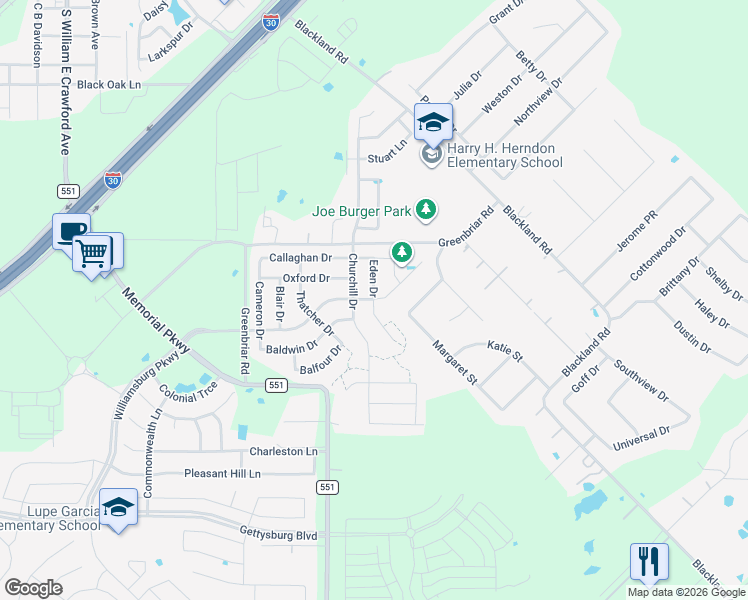 map of restaurants, bars, coffee shops, grocery stores, and more near Eden Drive in Royse City