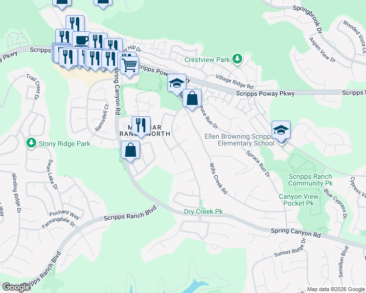 map of restaurants, bars, coffee shops, grocery stores, and more near 11573 Scripps Creek Drive in San Diego