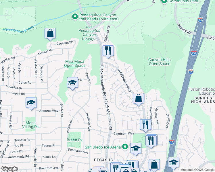 map of restaurants, bars, coffee shops, grocery stores, and more near 11600 Compass Point Drive North in San Diego