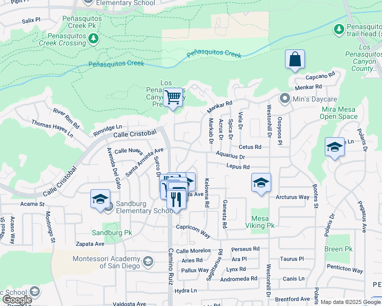 map of restaurants, bars, coffee shops, grocery stores, and more near 8419 Menkar Road in San Diego