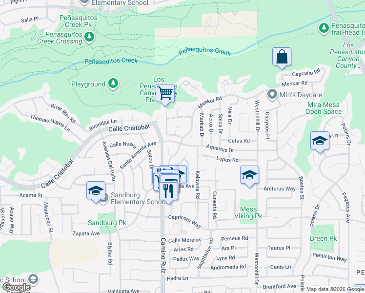 map of restaurants, bars, coffee shops, grocery stores, and more near 8419 Menkar Road in San Diego