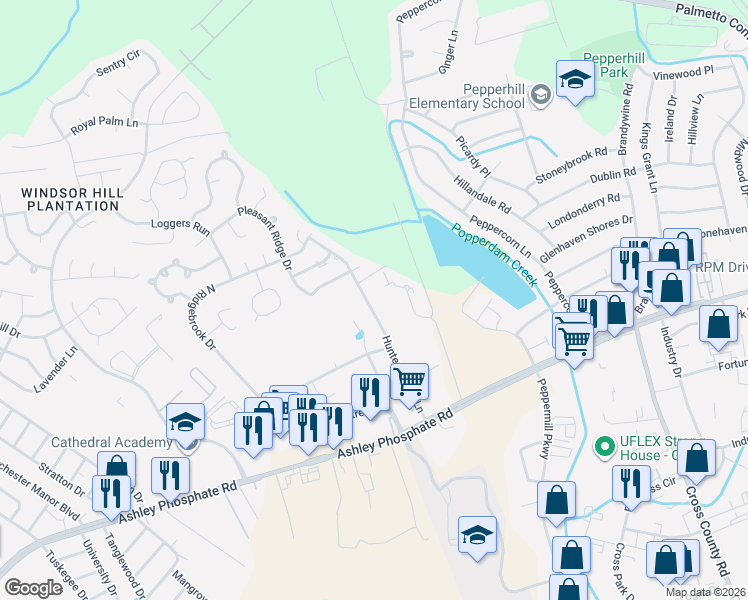 map of restaurants, bars, coffee shops, grocery stores, and more near 7635 Sandlapper Parkway in North Charleston