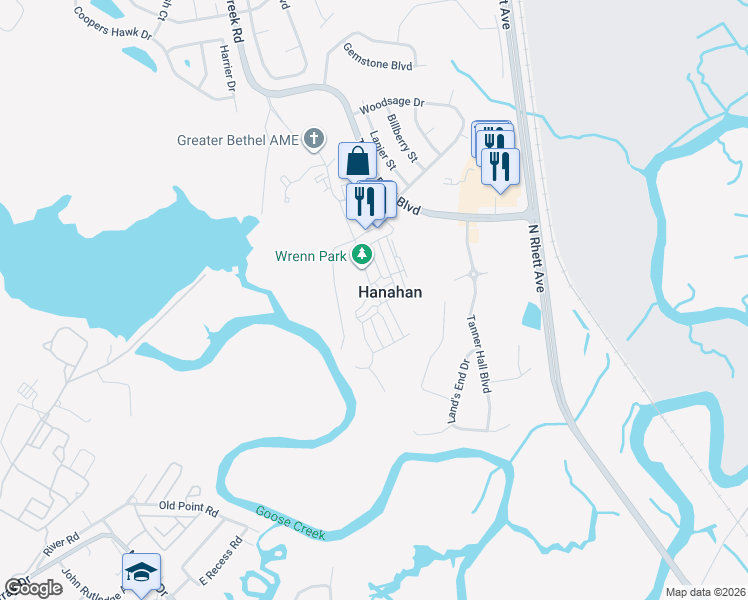 map of restaurants, bars, coffee shops, grocery stores, and more near 1634 Foster Creek Road in Hanahan