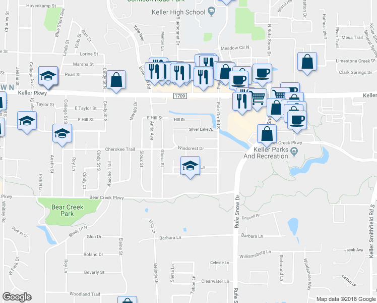 map of restaurants, bars, coffee shops, grocery stores, and more near 700 Windcrest Drive in Keller