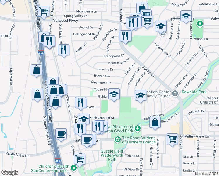 map of restaurants, bars, coffee shops, grocery stores, and more near 2627 Greenhurst Drive in Farmers Branch