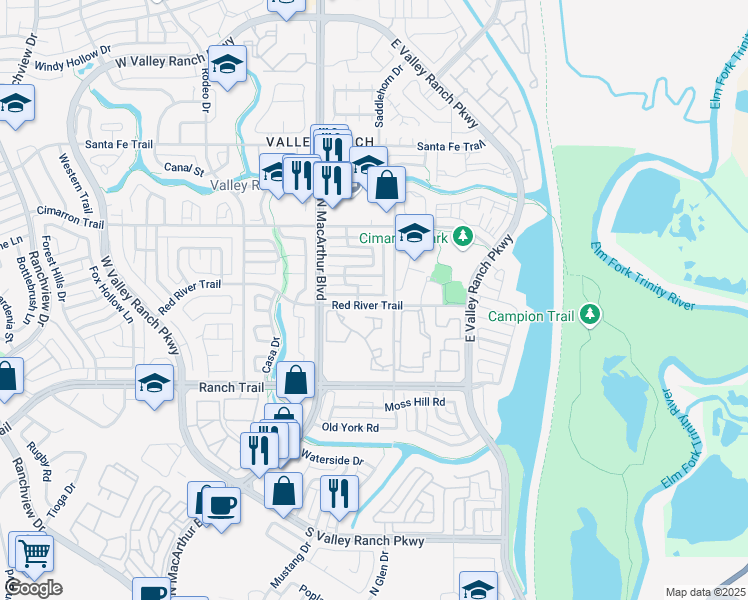 map of restaurants, bars, coffee shops, grocery stores, and more near 301 Pecos Trail in Irving