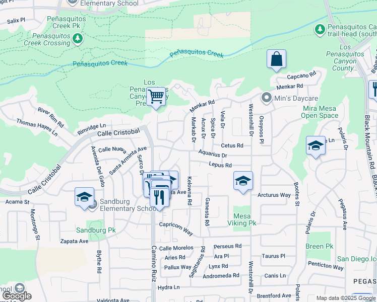 map of restaurants, bars, coffee shops, grocery stores, and more near 11721 Giles Way in San Diego