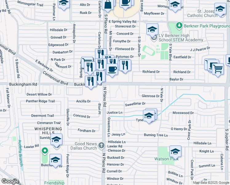 map of restaurants, bars, coffee shops, grocery stores, and more near 4422 Wind River Lane in Garland