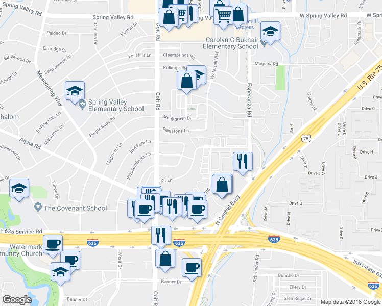 map of restaurants, bars, coffee shops, grocery stores, and more near 13559 Red Fern Lane in Dallas