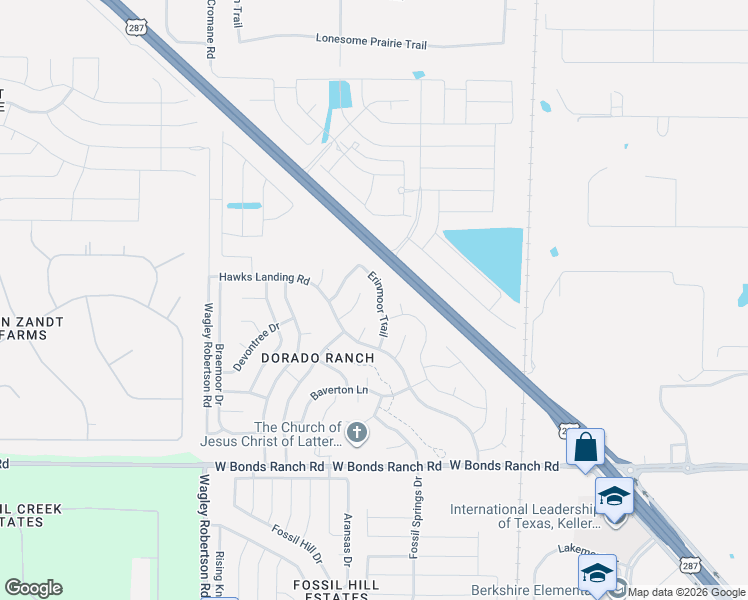 map of restaurants, bars, coffee shops, grocery stores, and more near 11117 Erinmoor Trail in Haslet