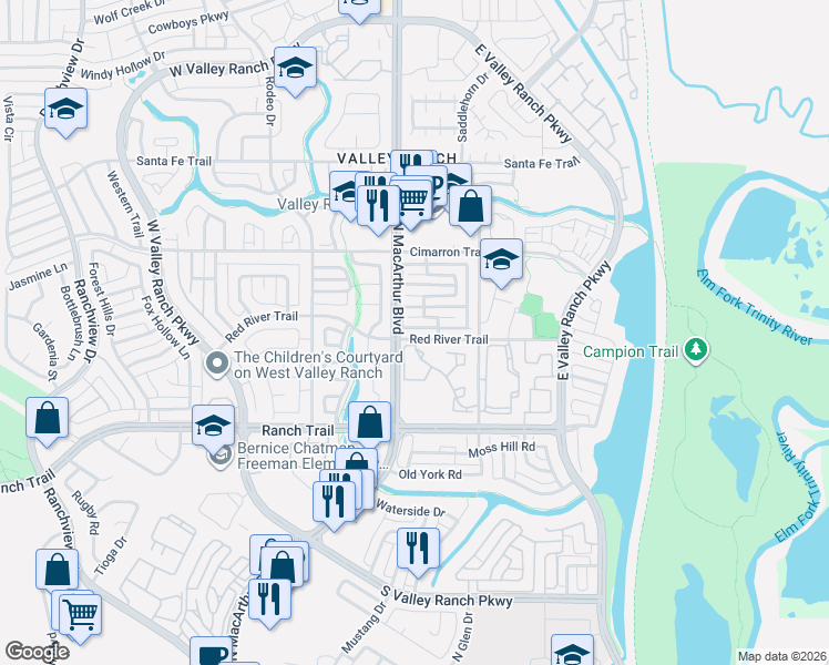 map of restaurants, bars, coffee shops, grocery stores, and more near 317 Pecos Trail in Irving