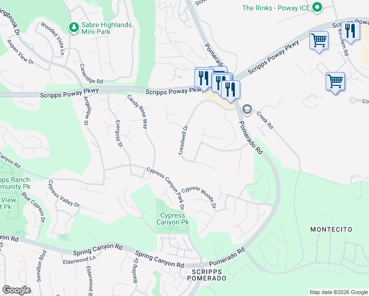 map of restaurants, bars, coffee shops, grocery stores, and more near 11721 Treadwell Drive in Poway