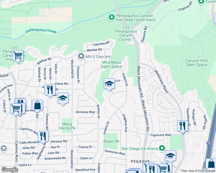 map of restaurants, bars, coffee shops, grocery stores, and more near 9026 Danube Lane in San Diego