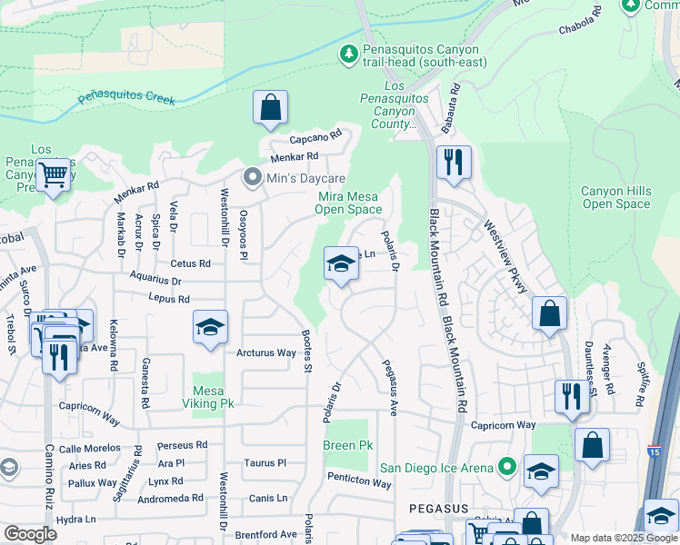 map of restaurants, bars, coffee shops, grocery stores, and more near 9026 Danube Lane in San Diego