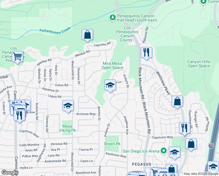 map of restaurants, bars, coffee shops, grocery stores, and more near 9026 Danube Lane in San Diego