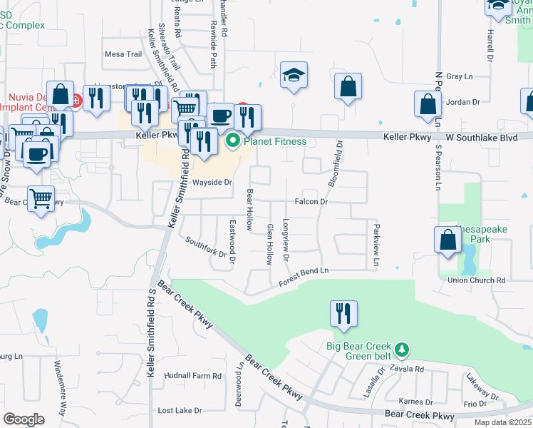 map of restaurants, bars, coffee shops, grocery stores, and more near 306 Glen Hollow in Keller