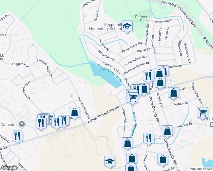 map of restaurants, bars, coffee shops, grocery stores, and more near 7566 Plantation Road in North Charleston