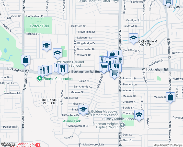 map of restaurants, bars, coffee shops, grocery stores, and more near 2002 Mill Creek Road in Garland