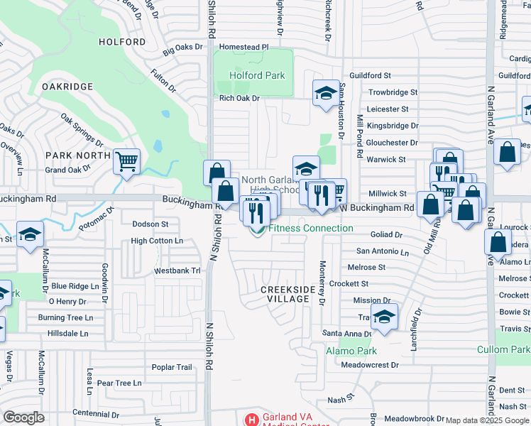 map of restaurants, bars, coffee shops, grocery stores, and more near 2272 West Buckingham Road in Garland