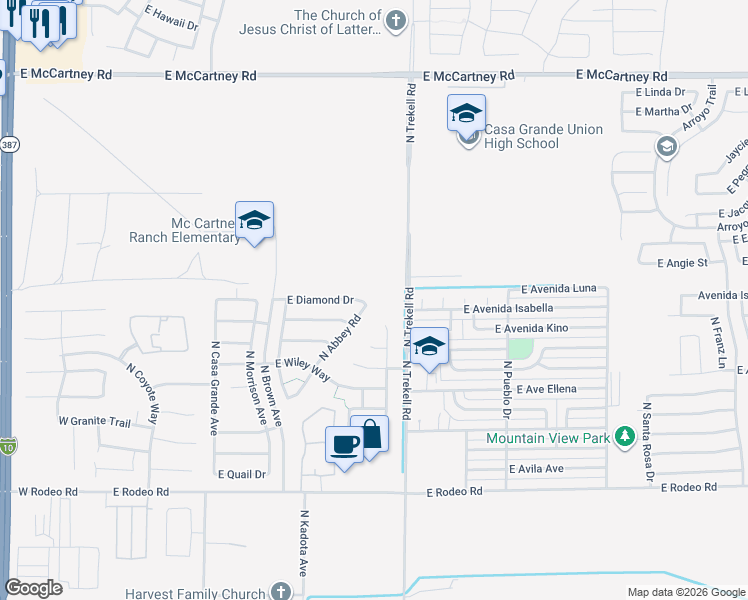 map of restaurants, bars, coffee shops, grocery stores, and more near 898 East Diamond Drive in Casa Grande