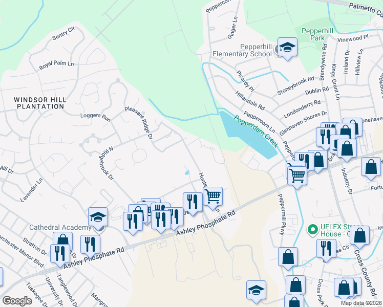 map of restaurants, bars, coffee shops, grocery stores, and more near 7676 Hunters Ridge Lane in North Charleston