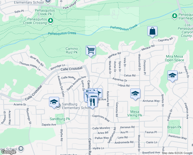 map of restaurants, bars, coffee shops, grocery stores, and more near 11713 Jonny Lane in San Diego