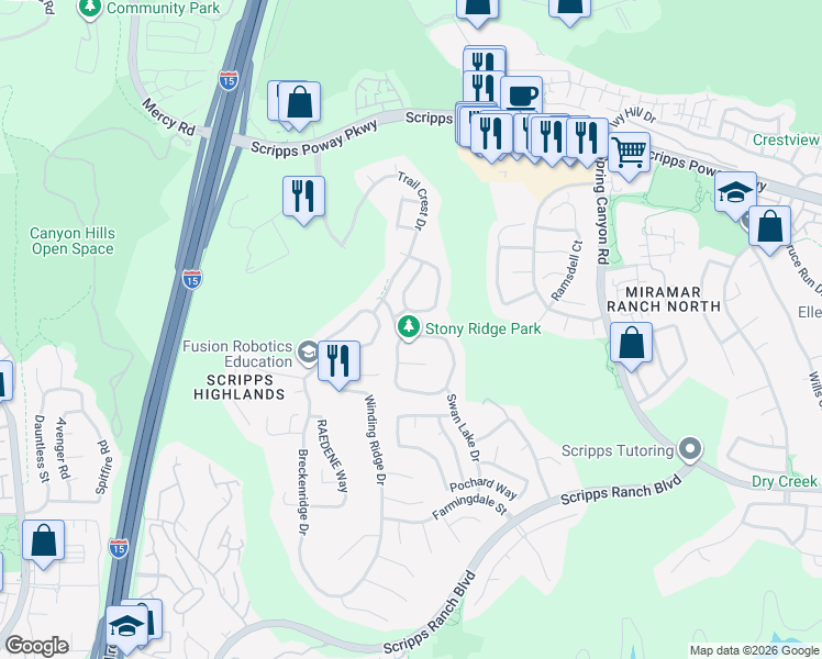 map of restaurants, bars, coffee shops, grocery stores, and more near 11714 Ridge Run Way in San Diego