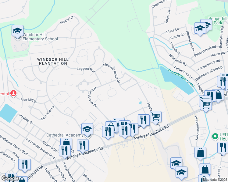map of restaurants, bars, coffee shops, grocery stores, and more near 8264 Timberidge Court in Charleston
