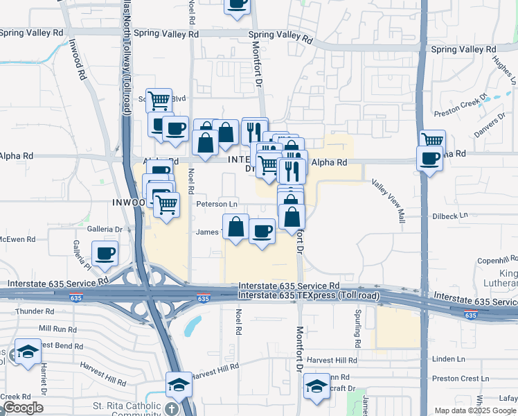 map of restaurants, bars, coffee shops, grocery stores, and more near 5423 Peterson Lane in Dallas