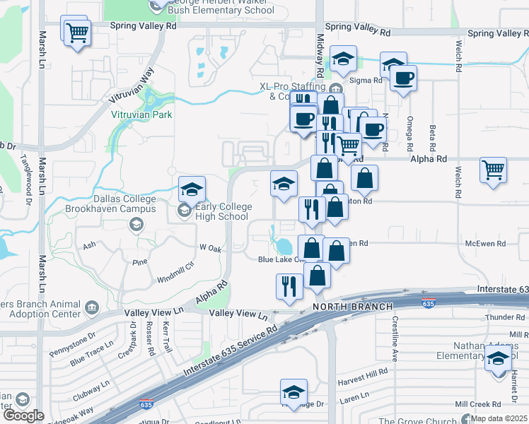 map of restaurants, bars, coffee shops, grocery stores, and more near 4099 McEwen Road in Farmers Branch