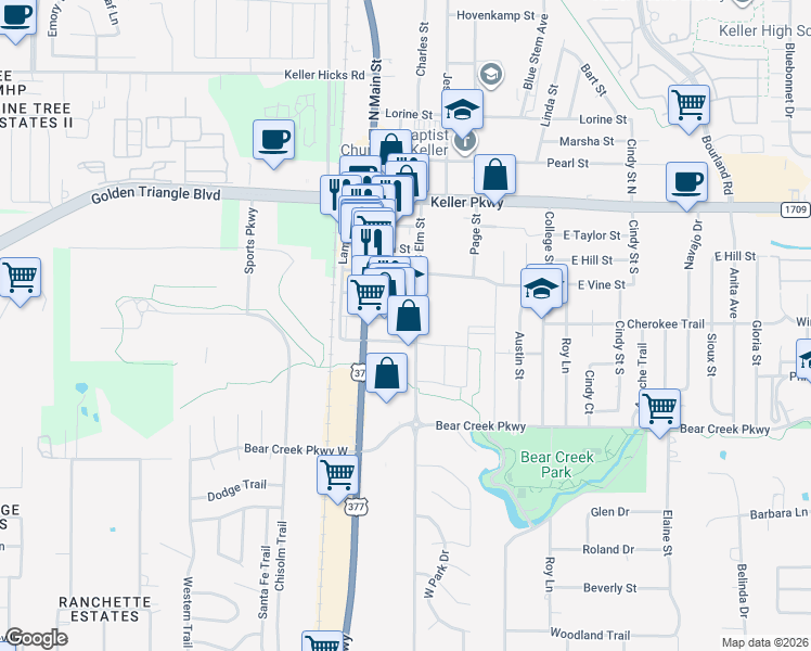 map of restaurants, bars, coffee shops, grocery stores, and more near 252 South Elm Street in Keller