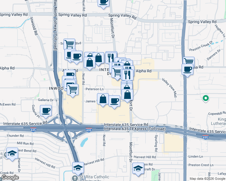 map of restaurants, bars, coffee shops, grocery stores, and more near 5423 Peterson Lane in Dallas