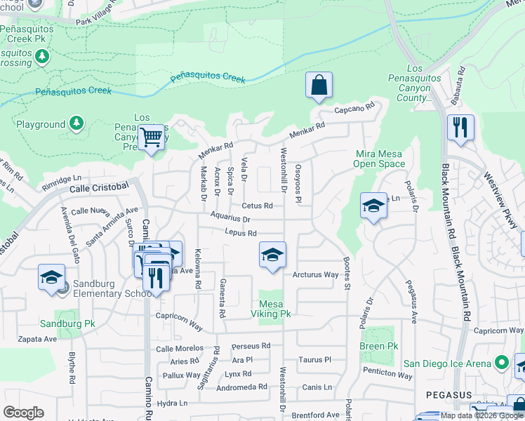 map of restaurants, bars, coffee shops, grocery stores, and more near 8667 Cetus Road in San Diego