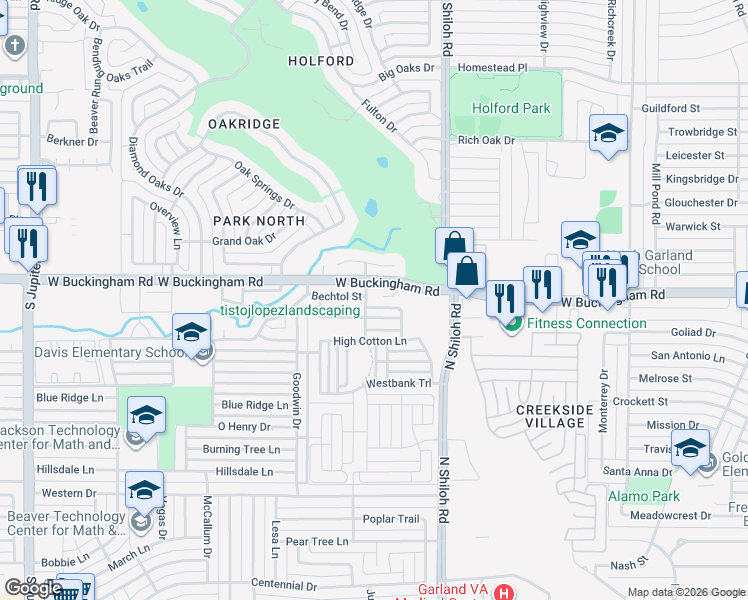 map of restaurants, bars, coffee shops, grocery stores, and more near 2598 West Buckingham Road in Garland