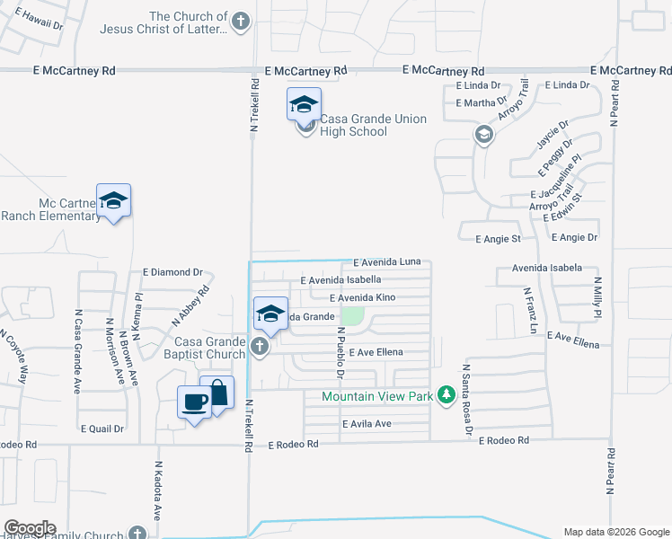 map of restaurants, bars, coffee shops, grocery stores, and more near 1201 East Avenida Luna in Casa Grande