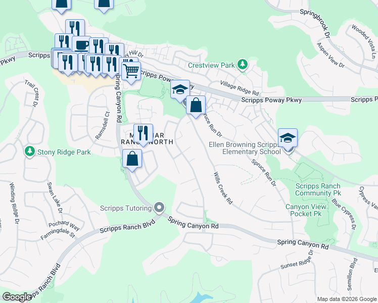 map of restaurants, bars, coffee shops, grocery stores, and more near 11712 Wills Creek Road in San Diego