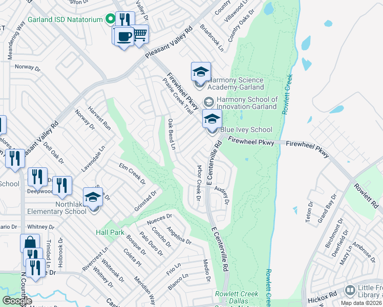 map of restaurants, bars, coffee shops, grocery stores, and more near 1713 Quail Run Drive in Garland