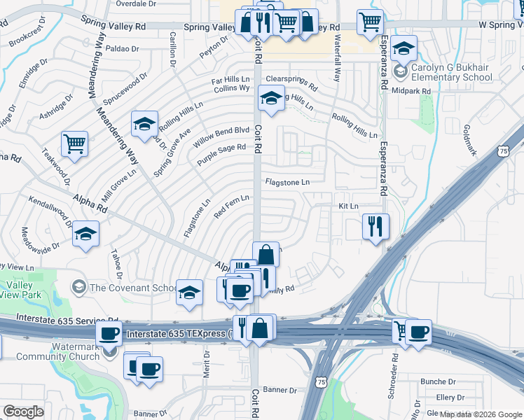 map of restaurants, bars, coffee shops, grocery stores, and more near 13516 Red Fern Lane in Dallas