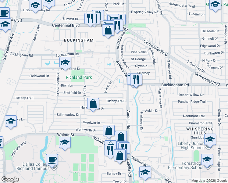 map of restaurants, bars, coffee shops, grocery stores, and more near 608 Laketrail Drive in Richardson