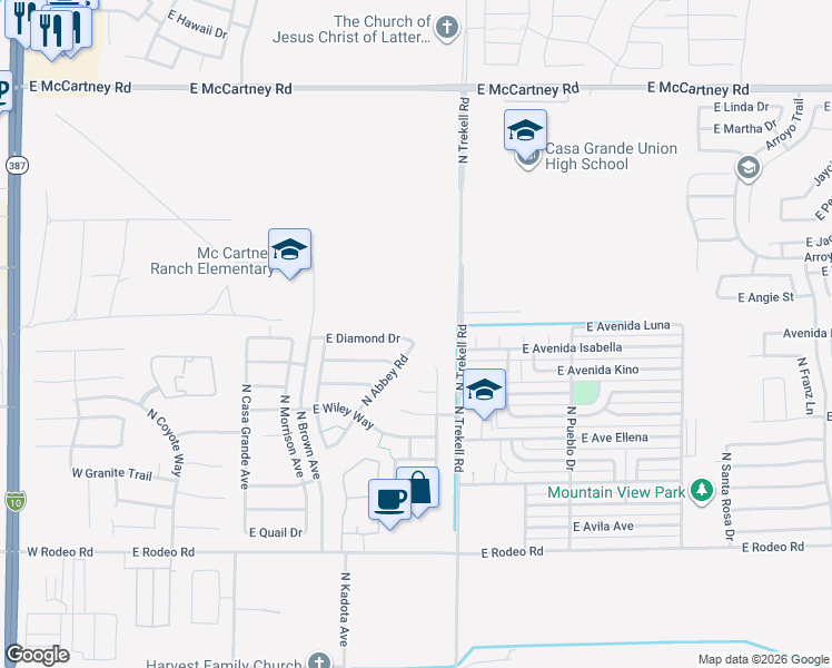 map of restaurants, bars, coffee shops, grocery stores, and more near 898 East Diamond Drive in Casa Grande