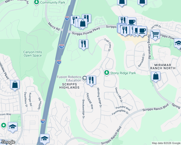 map of restaurants, bars, coffee shops, grocery stores, and more near 11682 Aspendell Drive in San Diego