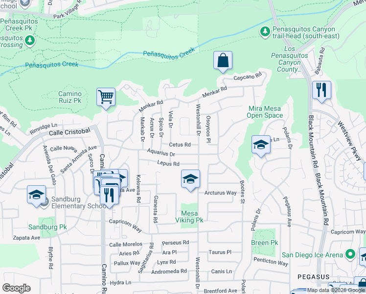 map of restaurants, bars, coffee shops, grocery stores, and more near 8690 Cetus Road in San Diego