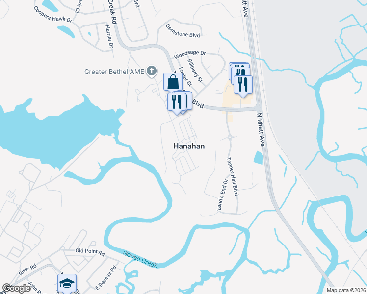 map of restaurants, bars, coffee shops, grocery stores, and more near 1634 Foster Creek Road in Hanahan