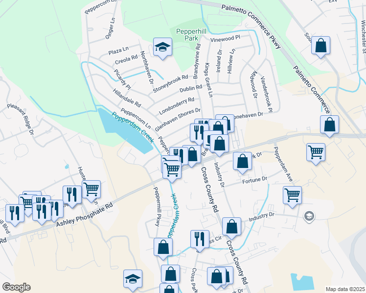 map of restaurants, bars, coffee shops, grocery stores, and more near 3342 Mountainbrook Avenue in North Charleston